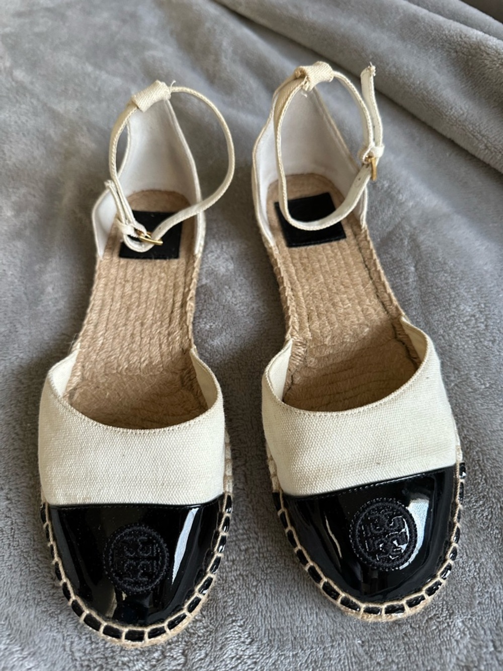 Tory Burch Cream Canvas and Black Patent Espadrille Sandals